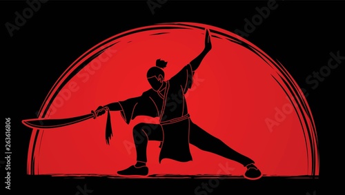 Man with sword action, Kung Fu pose graphic vector.
