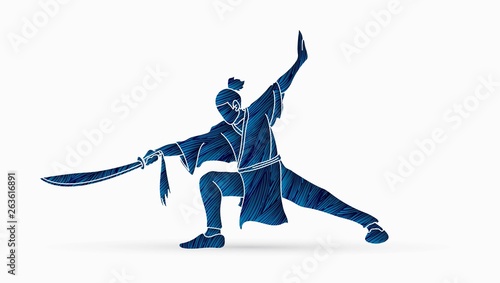 Man with sword action, Kung Fu pose graphic vector.