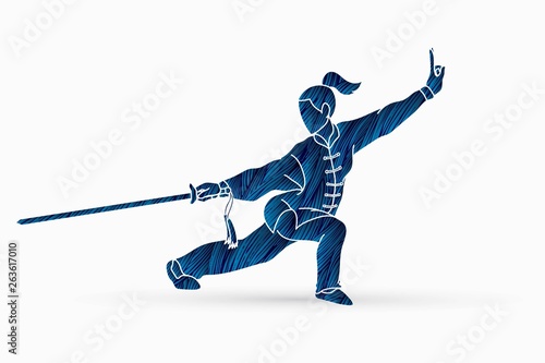 Woman with sword action, Kung Fu pose graphic vector.