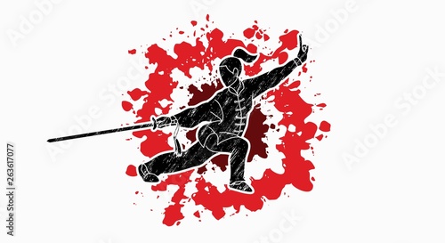Woman with sword action, Kung Fu pose graphic vector.