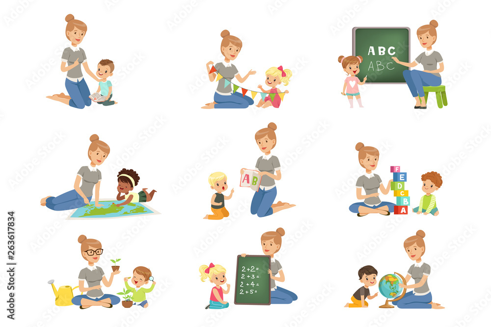 Cute little boys and girls playing and studying set, children study the alphabet, geography, biology, mathematics in kindergarten, pre primary school education concept vector Illustrations Cute little boys and girls playing and studying set, children study the alphabet, geography, biology, mathematics in kindergarten, pre primary school education concept vector Illustrations