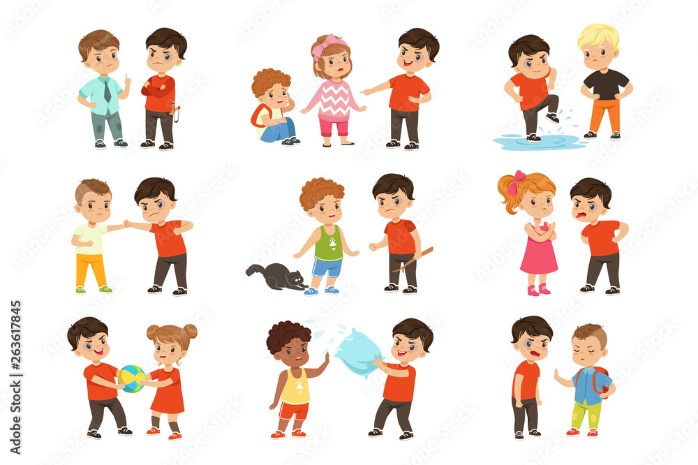 Brave children characters confronting hooligans set, bad boy bullying a smaller kid vector Illustrations on a white background Brave children characters confronting hooligans set, bad boy bullying a smaller kid vector Illustrations on a white background