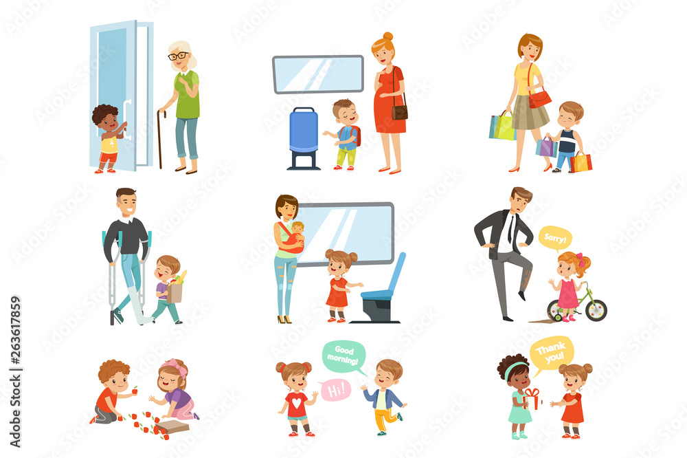 Kids good manners set, polite children helping adults, giving way to transport, thanking each other vector Illustrations on a white background Kids good manners set, polite children helping adults, giving way to transport, thanking each other vector Illustrations on a white background
