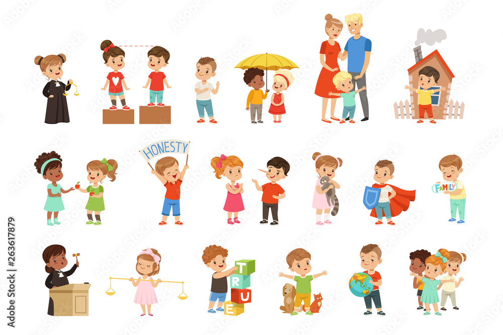 Cute little children protecting their family, friends, animals and the planet set vector Illustrations on a white background Cute little children protecting their family, friends, animals and the planet set vector Illustrations on a white background