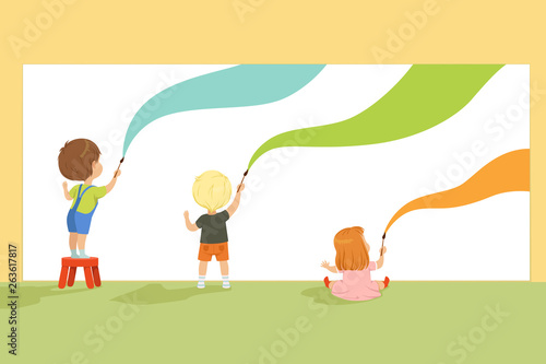 Cute little gids painting with color paints and brush on the wall set, back view vector Illustrations on a white background