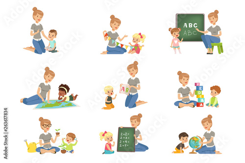 Cute little boys and girls playing and studying set, children study the alphabet, geography, biology, mathematics in kindergarten, pre primary school education concept vector Illustrations