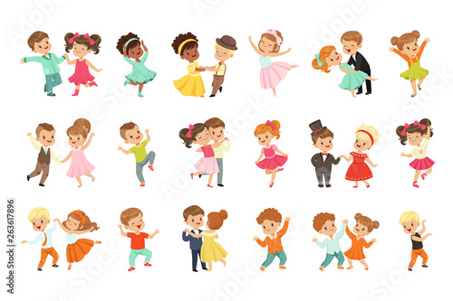 Couple of little kids dancing set, modern and classical dance performed by children vector Illustrations on a white background