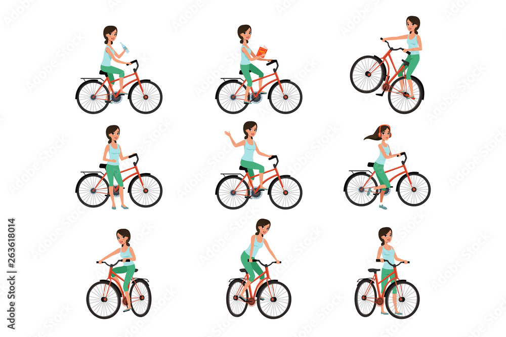 Fototapeta premium Girl riding on bike set, active lifestyle concept vector Illustrations on a white background