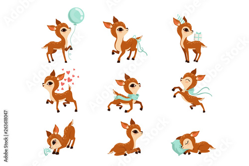 Flat vector set of cute fawn in different actions. Cartoon character of little deer. Adorable forest animal. Graphic design for postcard or print