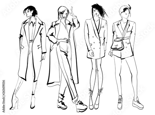 Stylish fashion models. Pretty young girls. Fashion womans Sketch