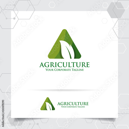 Agriculture logo design with concept of letters A icon and leaves vector. Green nature logo used for agricultural systems, farmer, and plantation products.