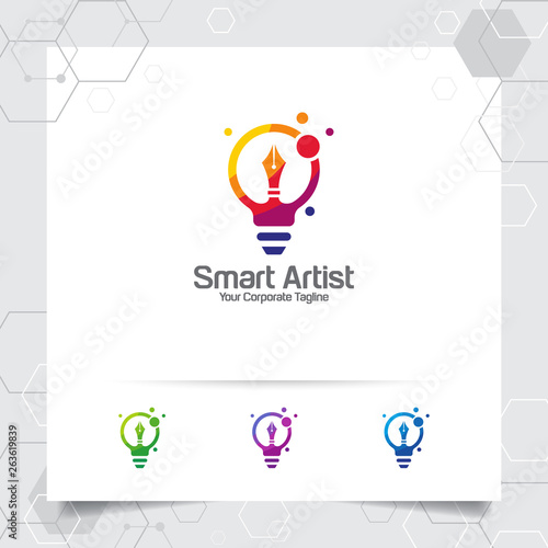 Writer logo bulb idea design concept of pencil icon and colorful lamp vector. Creative idea logo used for studio, professional and agency.