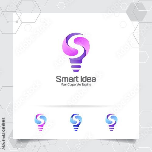 Bulb logo smart idea design concept of letter S symbol and colorful lamp vector icon. Smart idea logo used for studio, professional and agency.