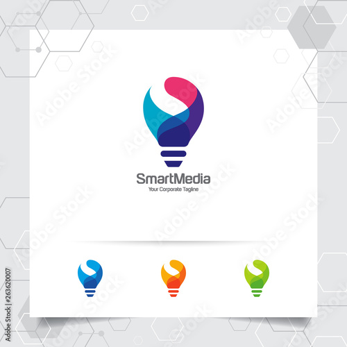 Bulb logo smart idea design concept of letter S symbol and colorful lamp vector icon. Smart idea logo used for studio, professional and agency.