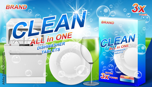 Dish wash soap ads. Realistic plastic dishwashing packaging with detergent gel design. Liquid soap with clean dishes for dishwasher machine. 3d vector illustration