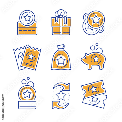 Earn reward, loyalty incentives, bonus card, redeem gift, discount coupon, collect coins, win present, lottery ticket, line icon