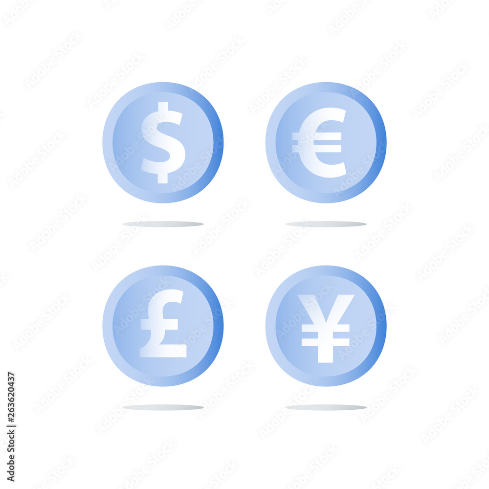 Money exchange, dollar, euro, pond and yen currency coins, cash loan, finance concept Money exchange, dollar, euro, pond and yen currency coins, cash loan, finance concept