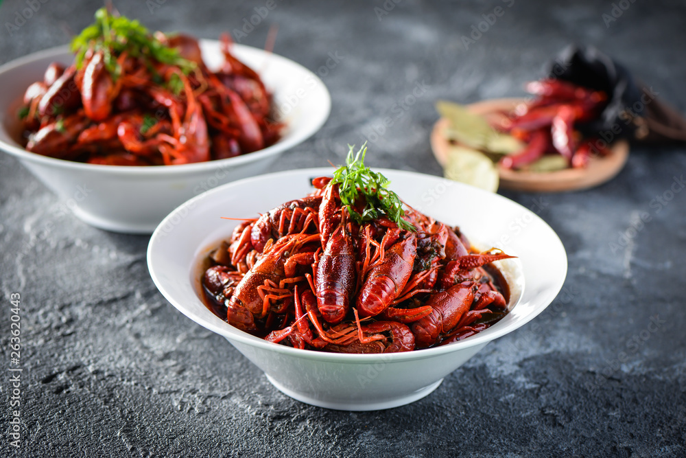 Red spicy crayfish in a white dish Red spicy crayfish in a white dish