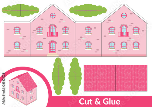 Cut and glue a house. Children art game for activity page. Paper 3d model. Vector illustration.