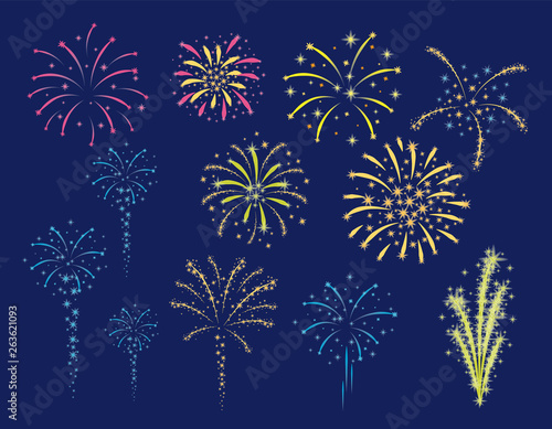 Set of various colorful fireworks on a dark background. Vector illustration.