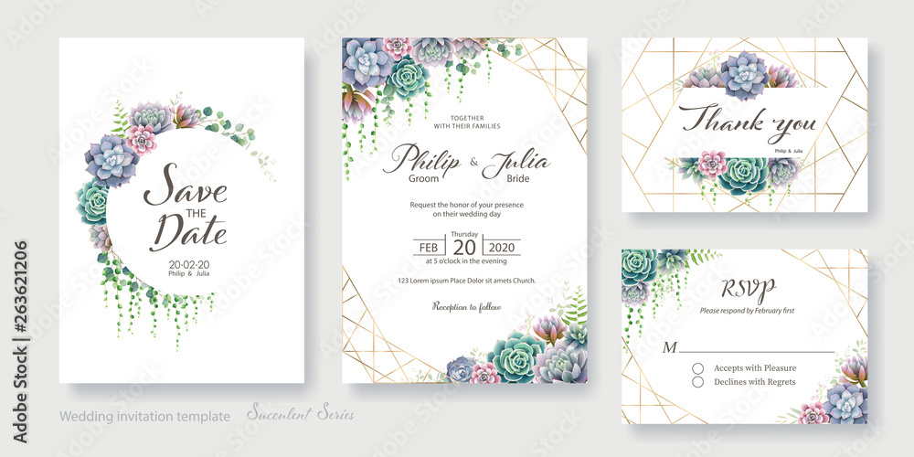 Greenery, succulent and branches Wedding Invitation card, save the date, thank you, rsvp template. Vector.