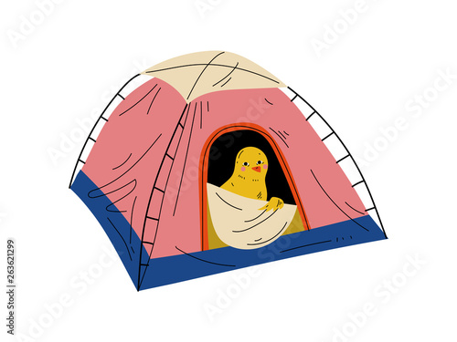 Chicken in Tent, Bird Character Having Hiking Adventure Travel or Camping Trip Vector Illustration