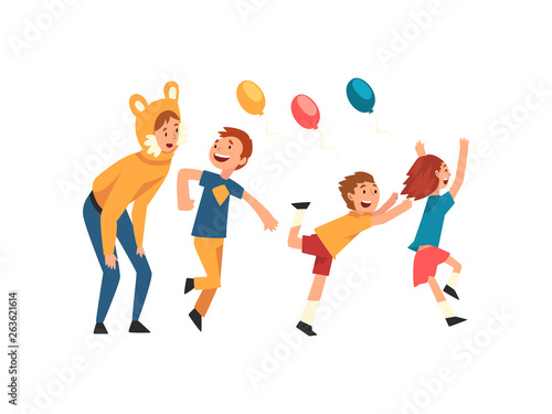 Happy Children Having Fun with Animator at Birthday Party  Entertainer in Festive Funny Costume Performing Before Kids Vector Illustration