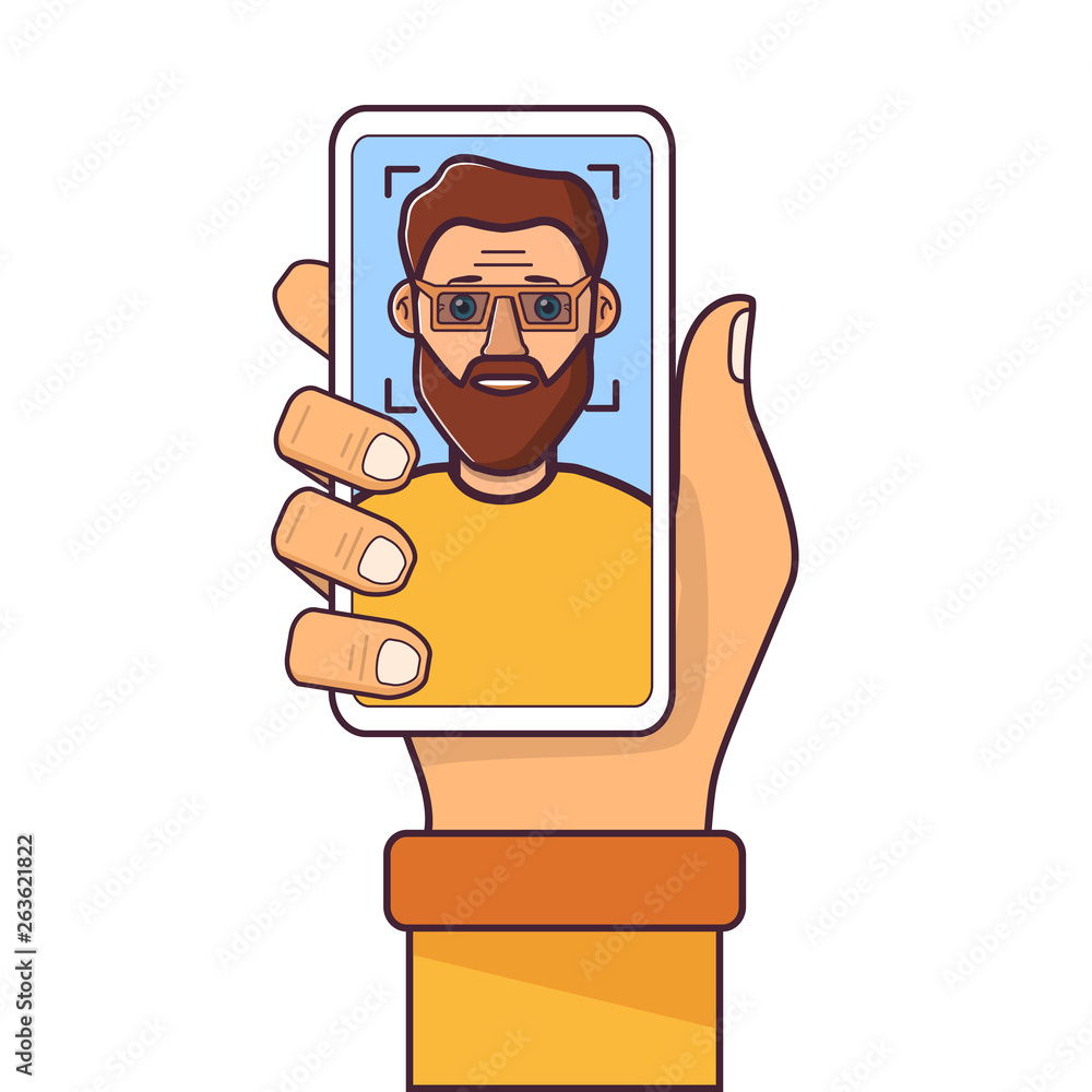 Facial recognition.Face ID.Human hand holding smartphone.Man young with a beard.Flat vector line art. Facial recognition.Face ID.Human hand holding smartphone.Man young with a beard.Flat vector line art.