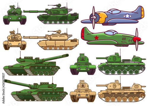 Military modern tank.Armored army combat vehicle.Artillery cannon.Old military aircraft fighter american.Cartoon war green camouflage transport.