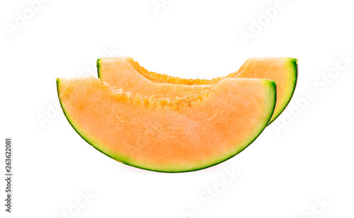 slice of japanese melons, orange melon or cantaloupe melon with seeds isolated on white background