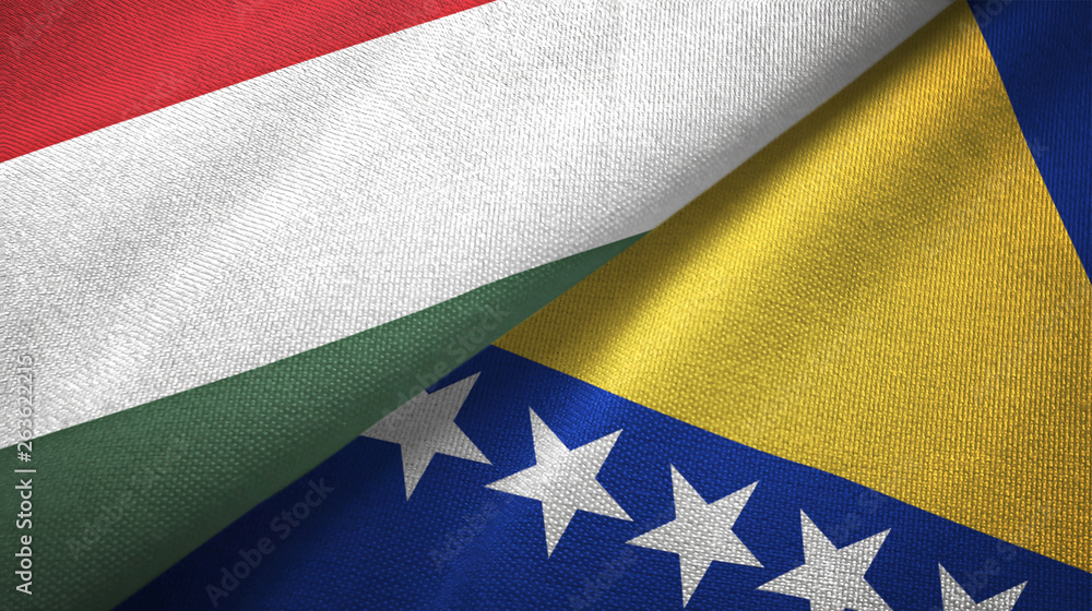 Hungary and Bosnia and Herzegovina two flags textile cloth, fabric texture Hungary and Bosnia and Herzegovina two flags textile cloth, fabric texture