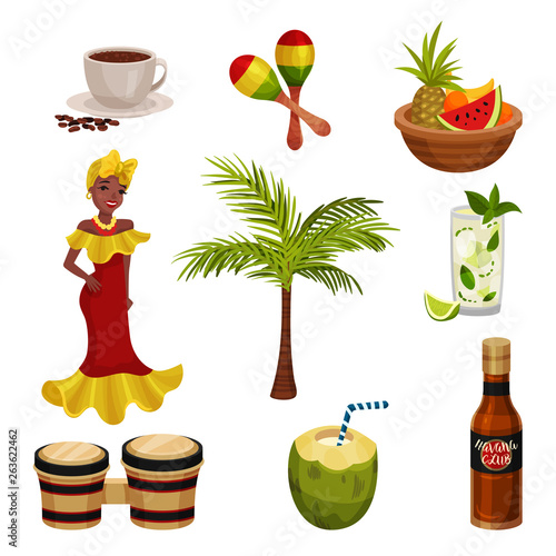 Vector illustration with cuban culture. Images of traditional items.