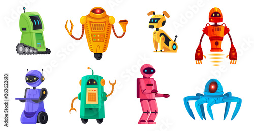 Cartoon robots. Robotics bots, robot pet and robotic android bot characters technology vector illustration set