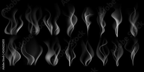 Steaming smoke. Hot steam stream, smoking cloud and steam from coffee cup isolated realistic 3D vector illustration set