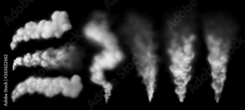 Smoking steam. Smoke puff from chimney, steaming geysir vapour and explosion cloud isolated vector set