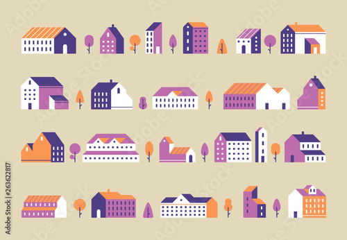 Minimalism town buildings. Geometric minimal residential houses, city building and urban house flat vector set