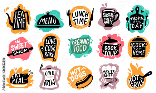 Food lettering. Bakery kitchen sweets, hot dogs badge and organic food logo vector set