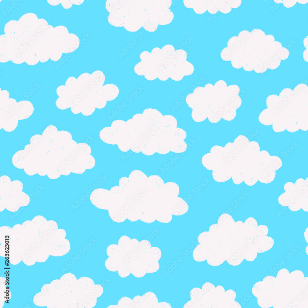 Seamless pattern with blue sky and cute cartoon clouds