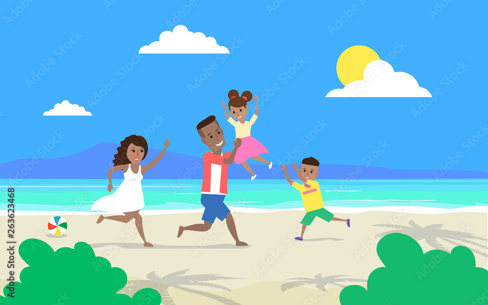 Fototapeta premium happy african american family having fun playing at the beach .summer vacation