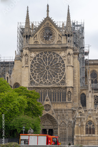 Paris, France - 04 16 2019: The day after the fire at Notre-Dame Cathedral