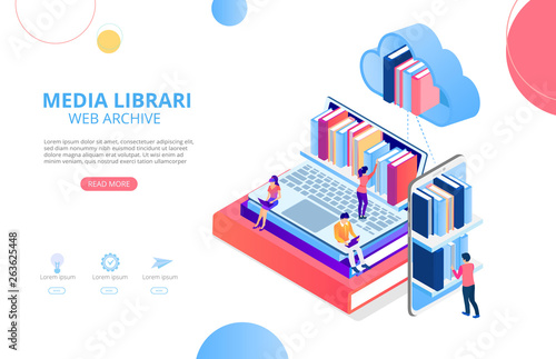 Media library, web archive. Homepage or landing page template with devices, books and people, flat style.