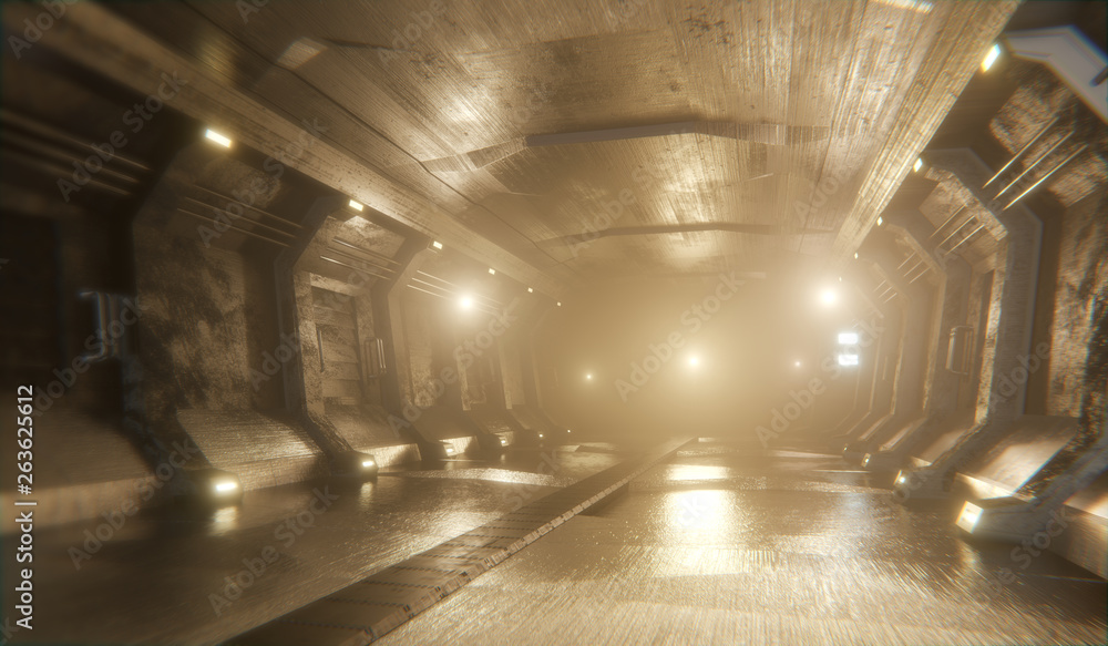 Sci-Fi grunge metallic corridor perspective background with spot light, 3d rendering.