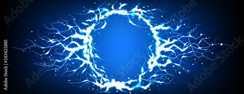 Lightning effect isolated on dark blue background. Vector illustration with bright thunderstorms and shyning lightnings.