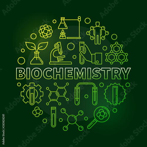 Biochemistry vector green round outline illustration on dark background