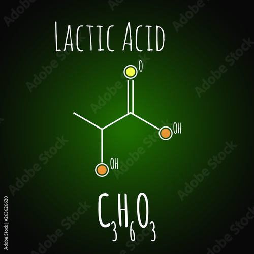 Lactic acid molecula. Structure formula. Vector medical illustration. C3H6O3