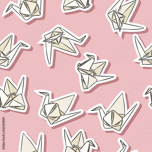 Origami paper swan hand drawn stickers seamless pattern in pastel colors