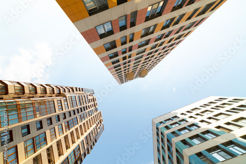 Typical residential high-rise buildings. Bottom view. angle