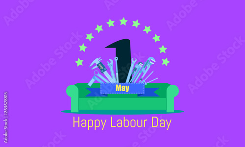 happy labour day 1 may. sofa celebrating on vacation time.engineering design concept with screwdriver wrench ruler vernier caliper cheater bar.vector illustration eps10