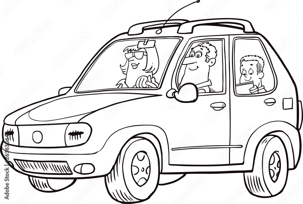Family driving in car on weekend holiday. Vector flat illustration