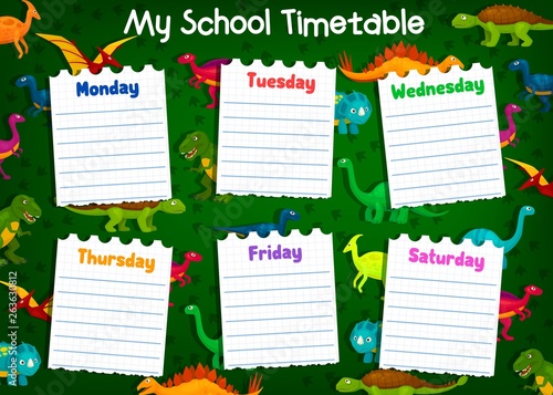 School timetable with lesson schedule, dinosaurs